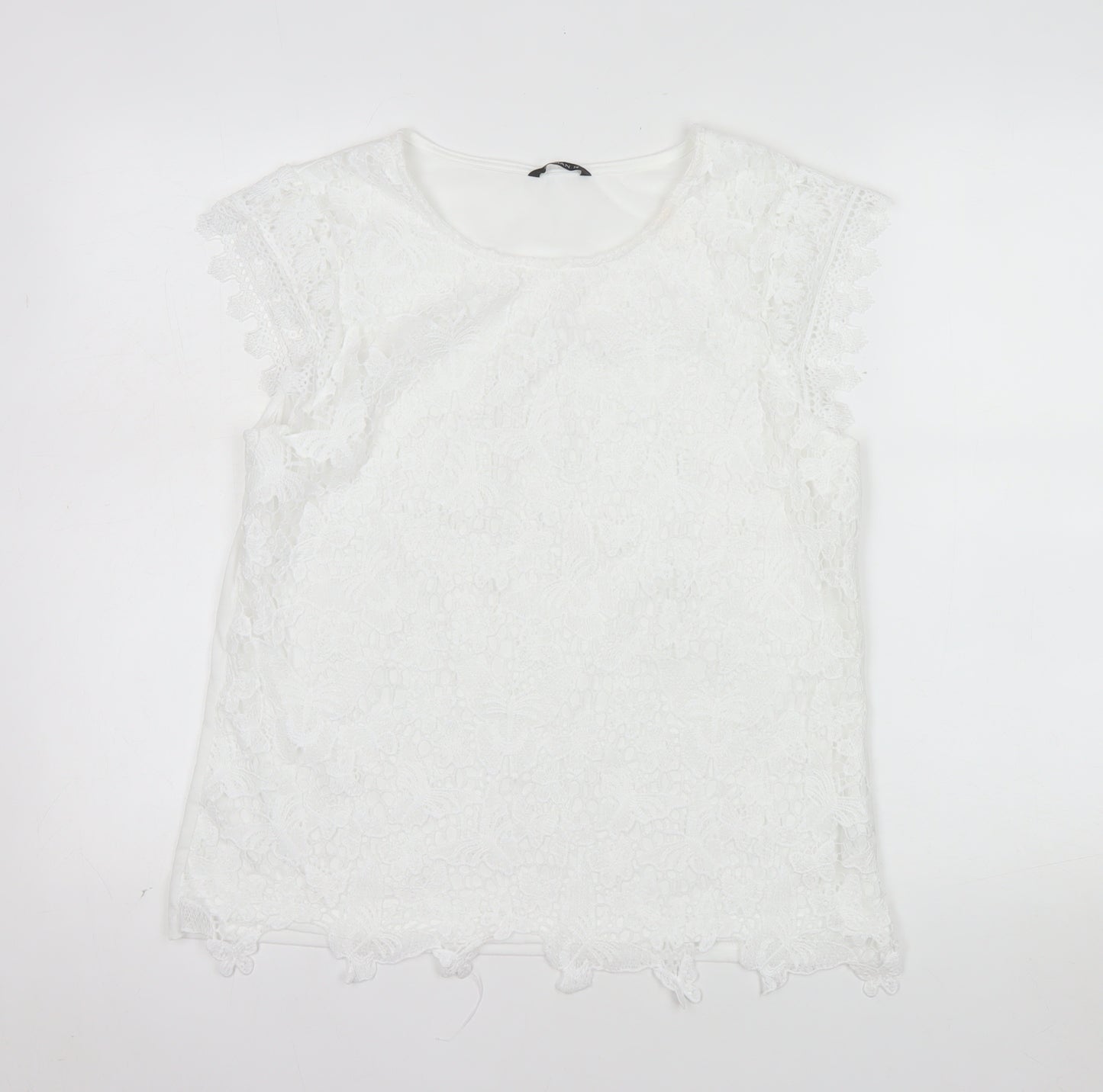 Roman Women’s White Lace Floral Blouse Size 14 Short Sleeve Top