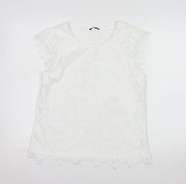 Roman Women’s White Lace Floral Blouse Size 14 Short Sleeve Top