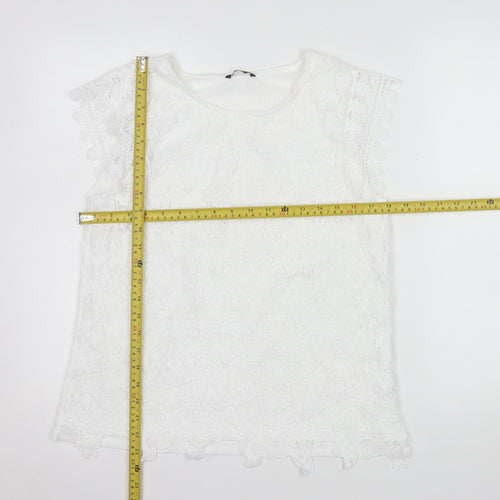 Roman Women’s White Lace Floral Blouse Size 14 Short Sleeve Top