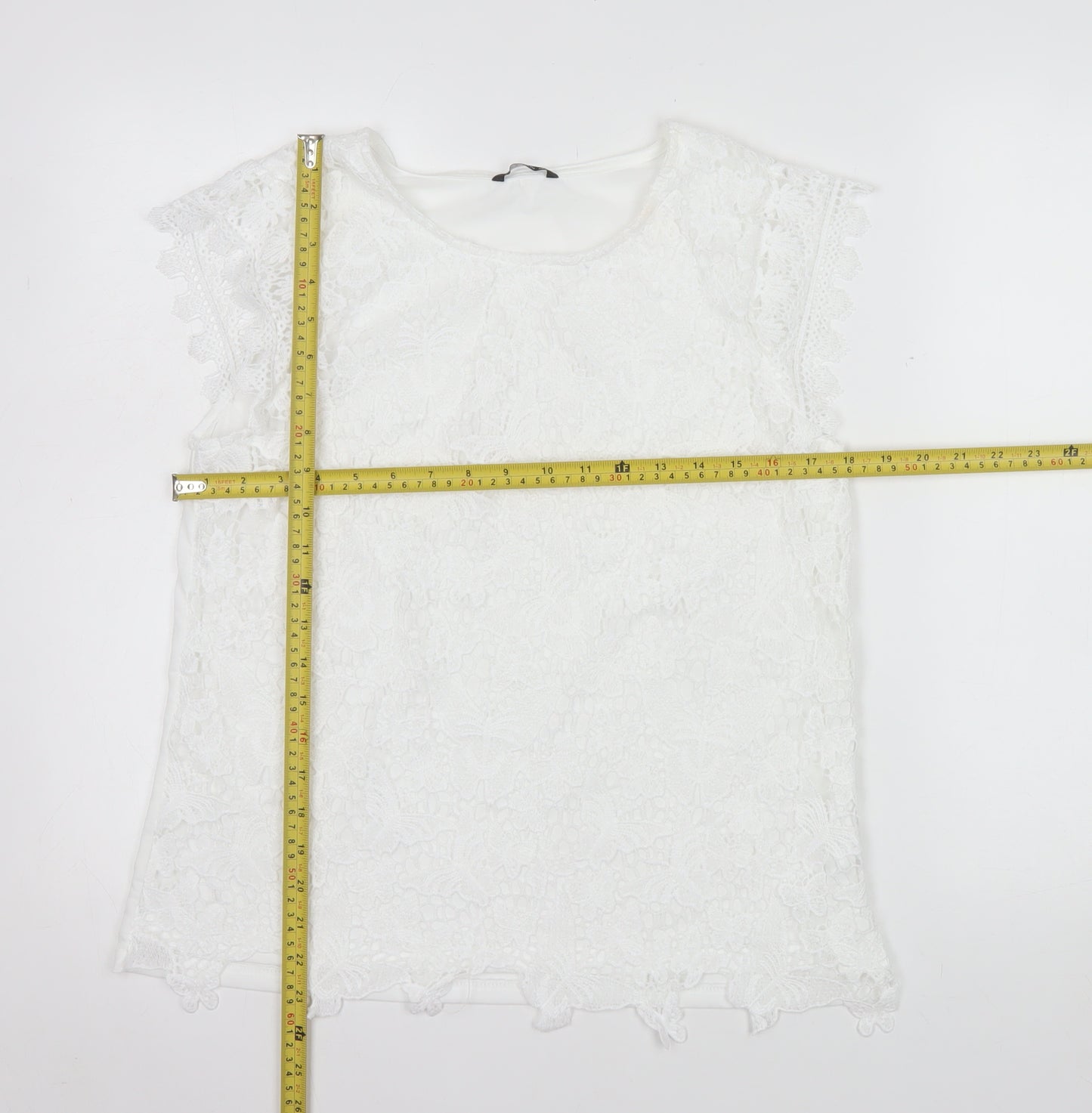 Roman Women’s White Lace Floral Blouse Size 14 Short Sleeve Top