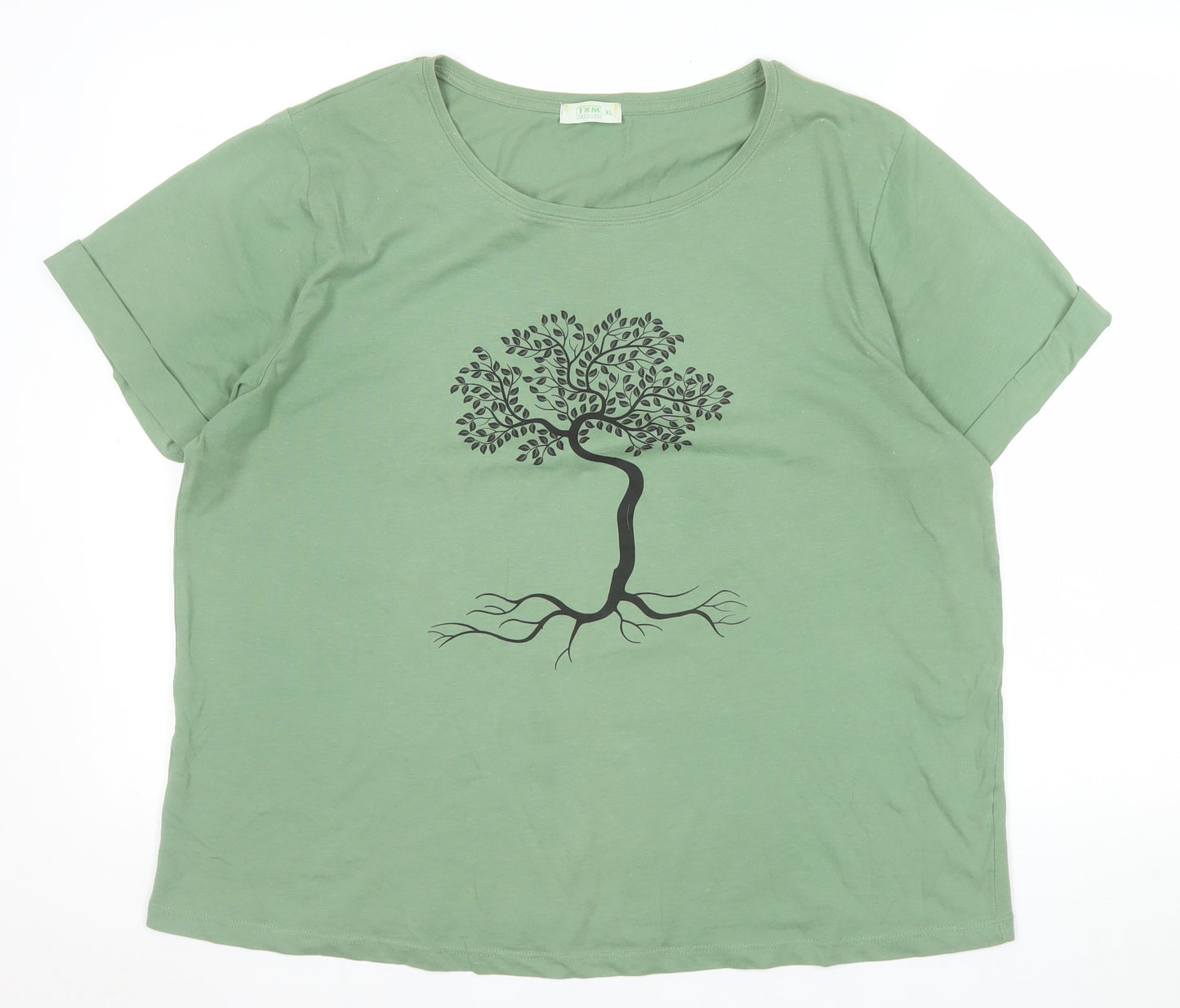 TXM Fashion Womens Green Tree Print Short Sleeve Cotton T-Shirt Size XL