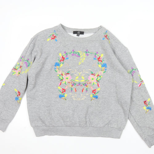 Alternative Apparel Women Grey Embroidered Floral Skull Sweatshirt UK 12