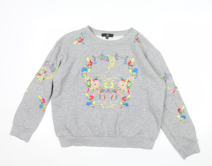 Alternative Apparel Women Grey Embroidered Floral Skull Sweatshirt UK 12