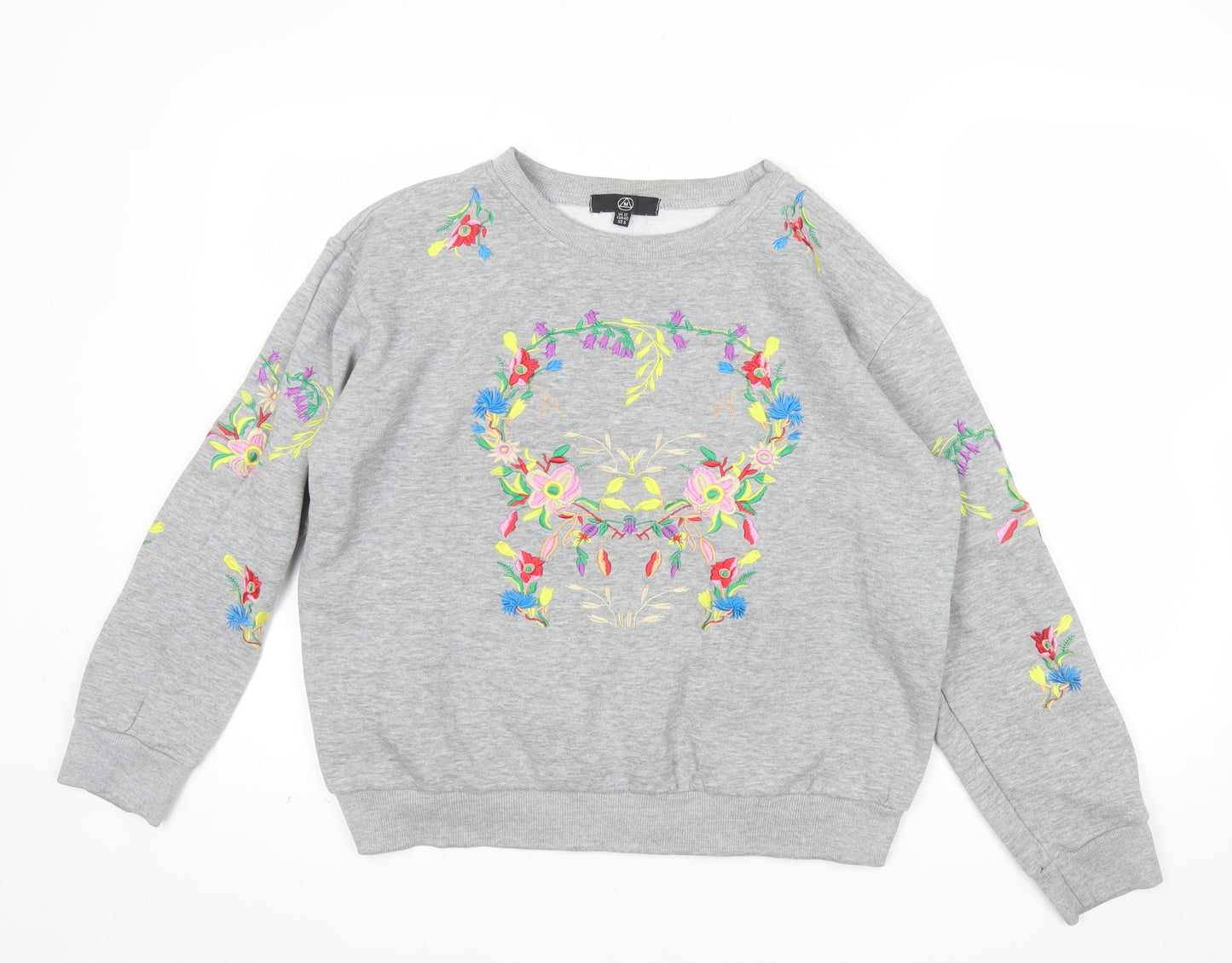 Alternative Apparel Women Grey Embroidered Floral Skull Sweatshirt UK 12
