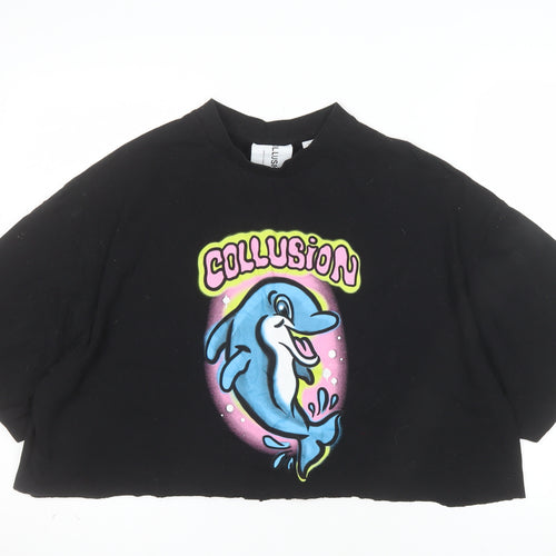Collusion Womens Black Dolphin Cropped T-Shirt M Relaxed Fit