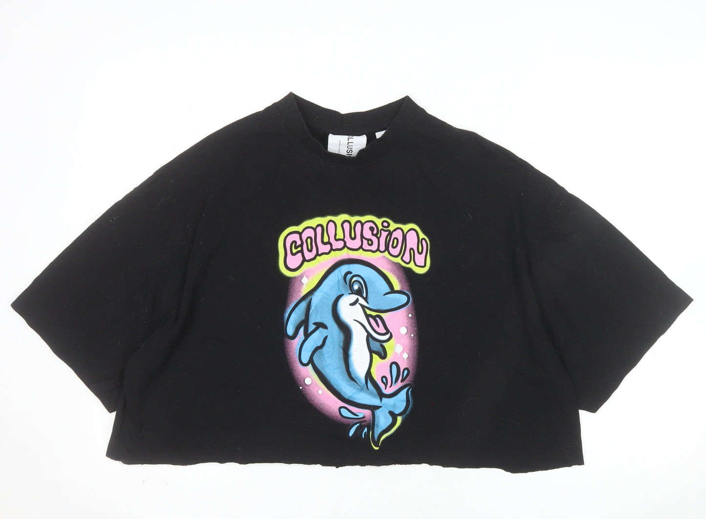 Collusion Womens Black Dolphin Cropped T-Shirt M Relaxed Fit