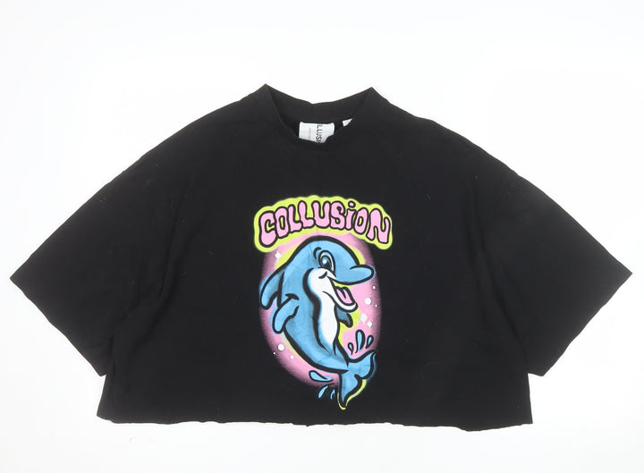 Collusion Womens Black Dolphin Cropped T-Shirt M Relaxed Fit