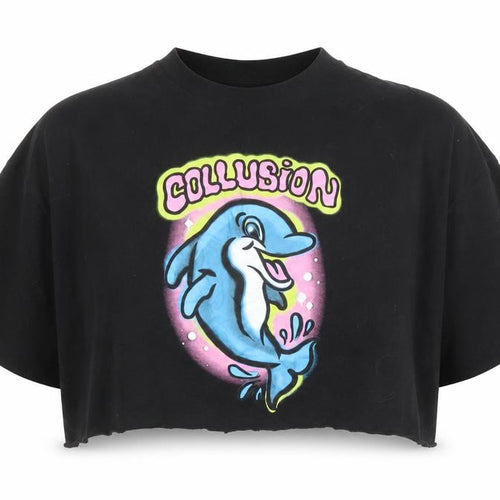 Collusion Womens Black Dolphin Cropped T-Shirt M Relaxed Fit