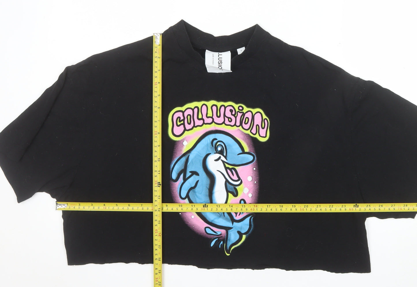 Collusion Womens Black Dolphin Cropped T-Shirt M Relaxed Fit