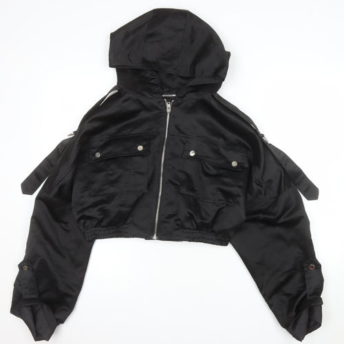 PrettyLittleThing Womens Black Cropped Hooded Bomber Jacket Size 10