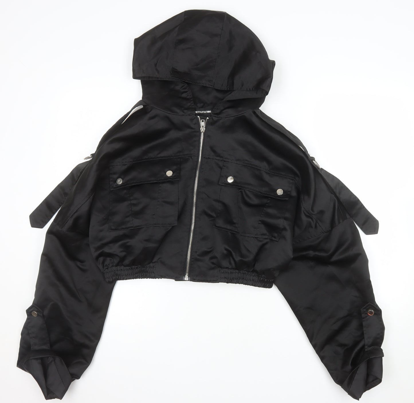 PrettyLittleThing Womens Black Cropped Hooded Bomber Jacket Size 10