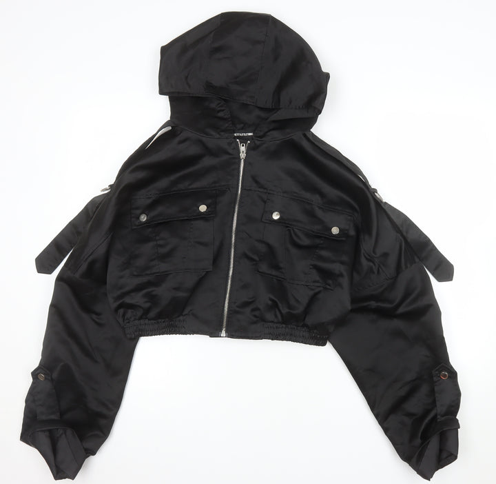 PrettyLittleThing Womens Black Cropped Hooded Bomber Jacket Size 10