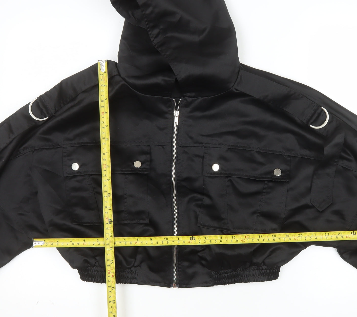 PrettyLittleThing Womens Black Cropped Hooded Bomber Jacket Size 10