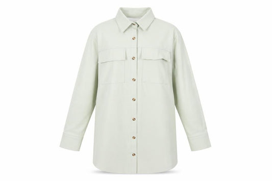Front view of Missguided Women’s Mint Green Faux Leather Oversized Button-Up Shirt Jacket UK 12