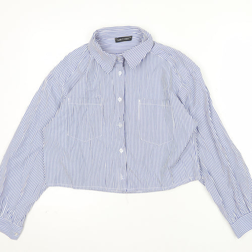 I Saw It First Women Blue Striped Cropped Button-Up Shirt Size 12