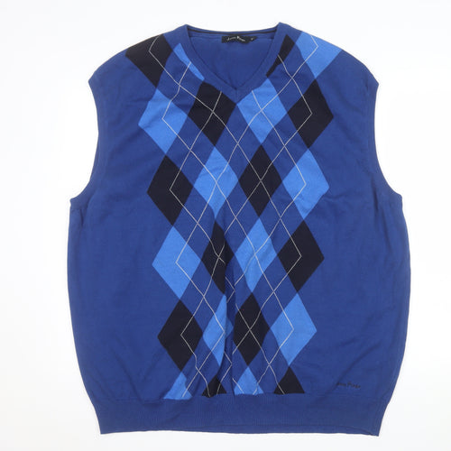 James Pringle Men's Blue Argyle Cotton Sleeveless Vest Jumper 2XL