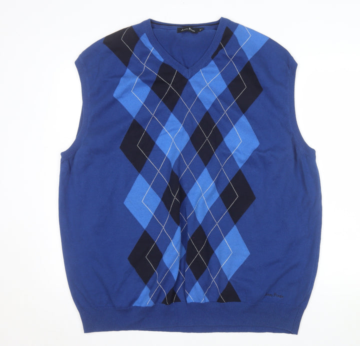 James Pringle Men's Blue Argyle Cotton Sleeveless Vest Jumper 2XL