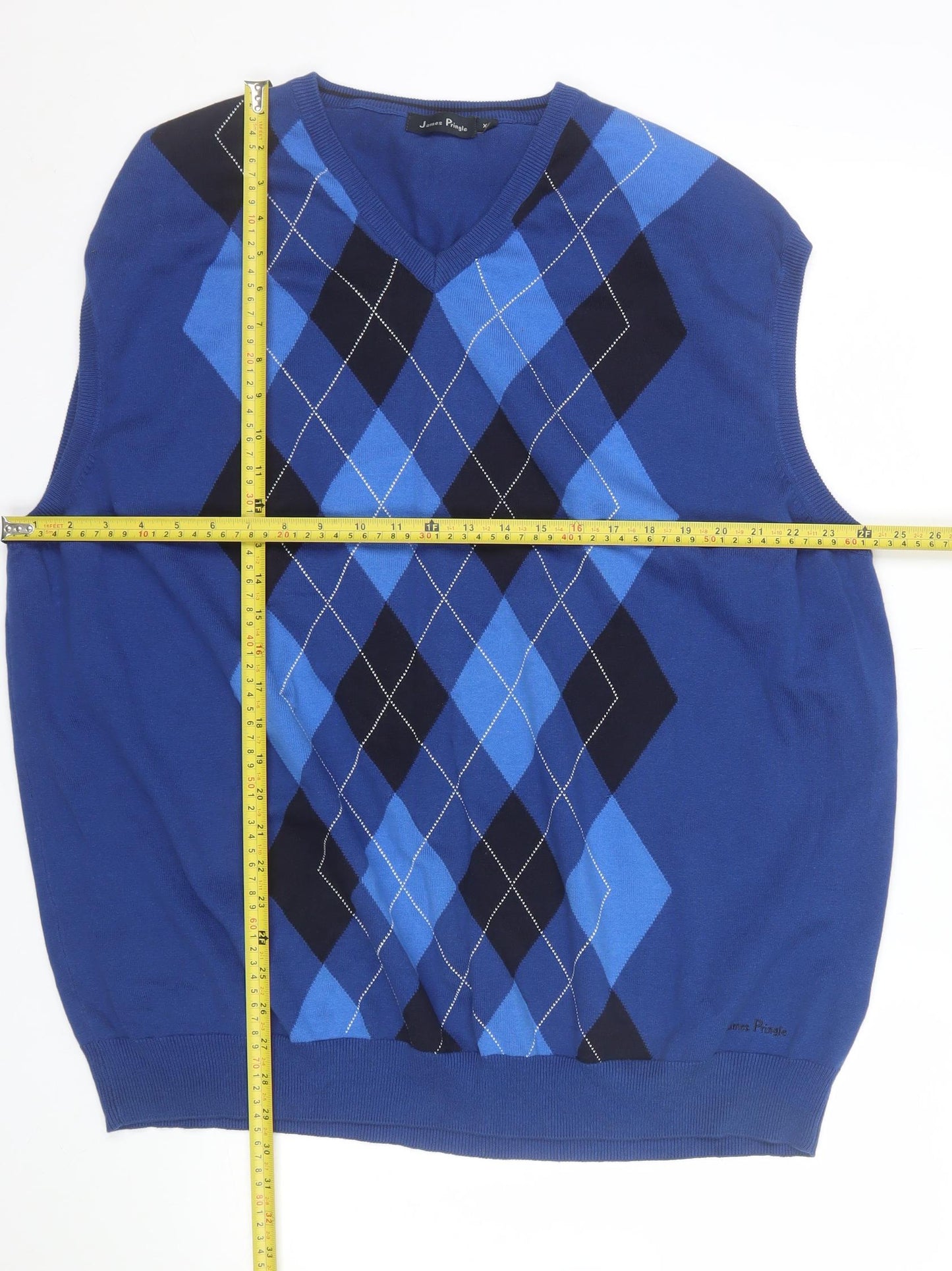 James Pringle Men's Blue Argyle Cotton Sleeveless Vest Jumper 2XL