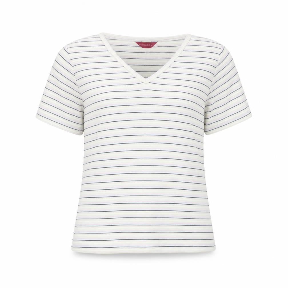 Front view of Richards women’s multicoloured striped v-neck short sleeve t-shirt m