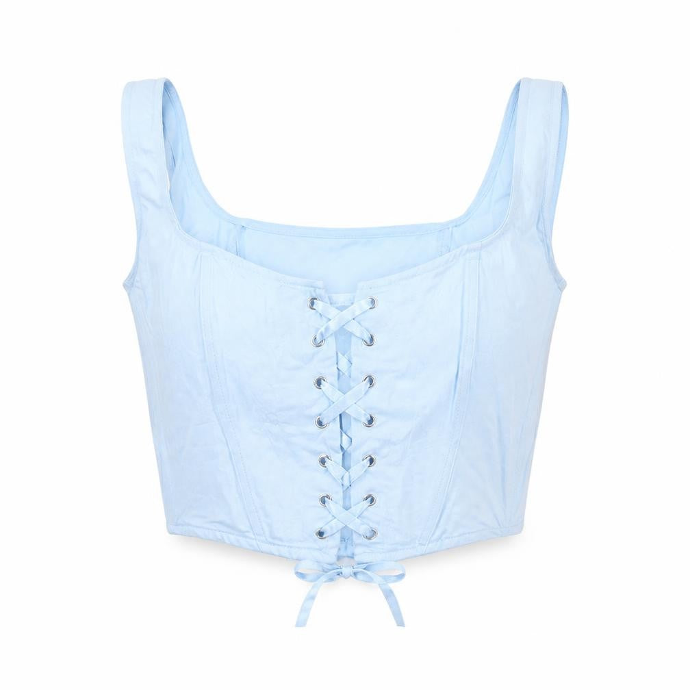 Stradivarius Women Blue Cropped Lace Up Tank Top XL
