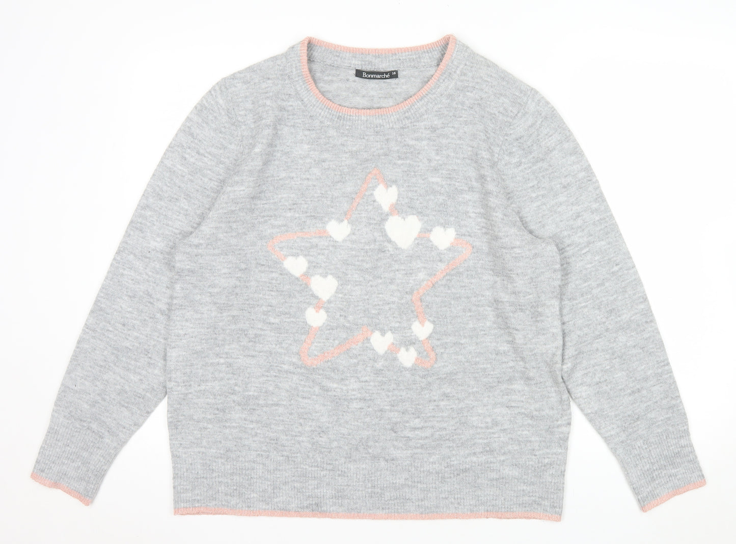 Bonmarché Women’s Grey Crew Neck Heart Star Jumper Size 16