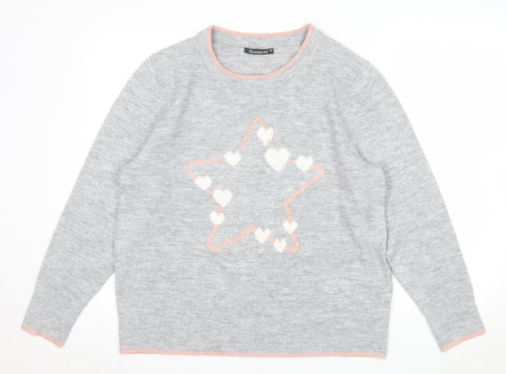 Bonmarché Women’s Grey Crew Neck Heart Star Jumper Size 16