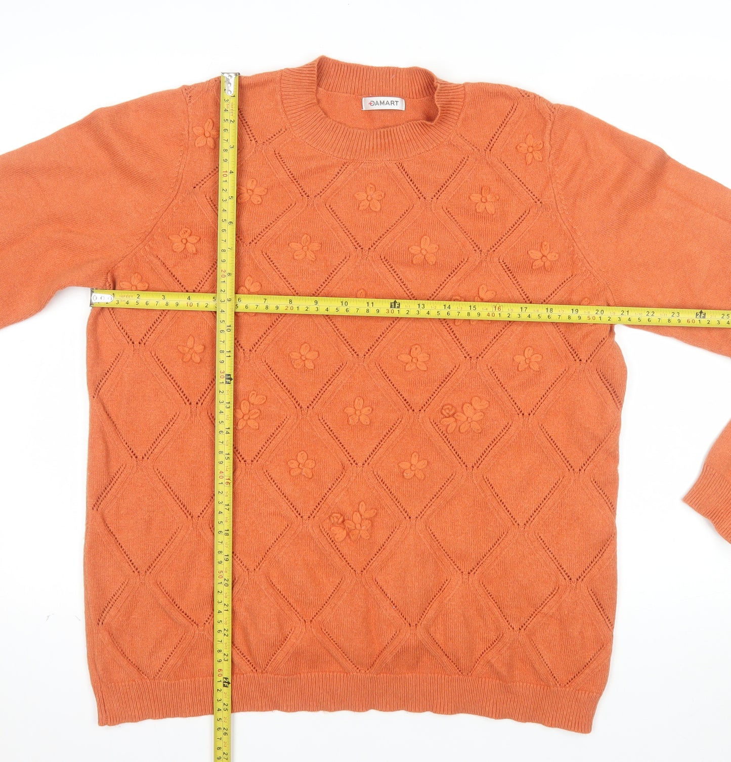 Damart Womens Orange Floral Knit Crew Neck Pullover Jumper L