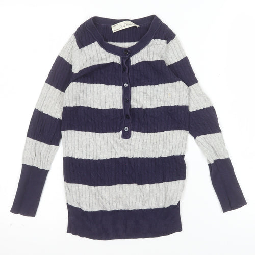 trf Knitwear Women's Multicoloured Striped Henley Cotton Jumper Size 8