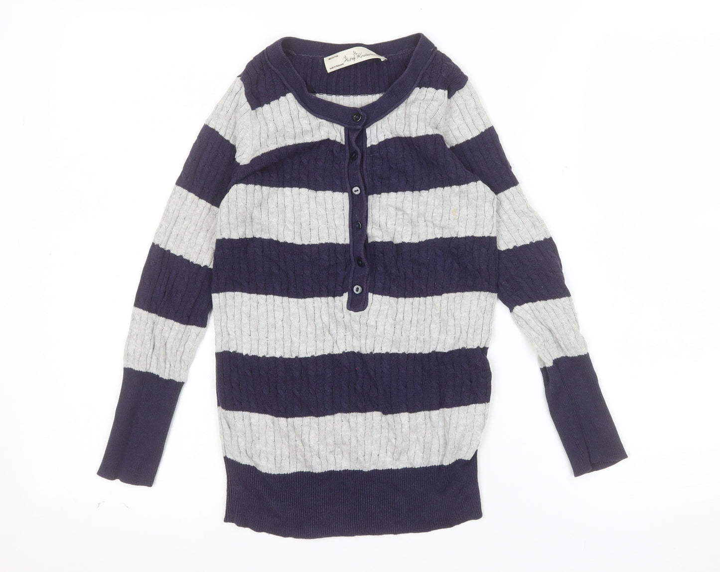 trf Knitwear Women's Multicoloured Striped Henley Cotton Jumper Size 8