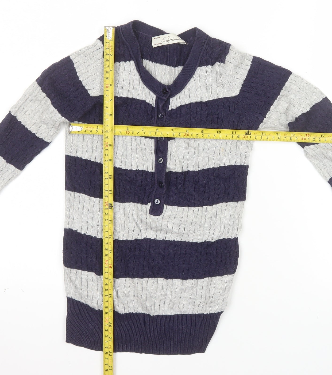 trf Knitwear Women's Multicoloured Striped Henley Cotton Jumper Size 8