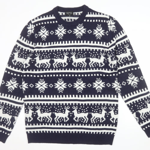 boohooMAN Men's Blue Fair Isle Christmas Jumper 2XL