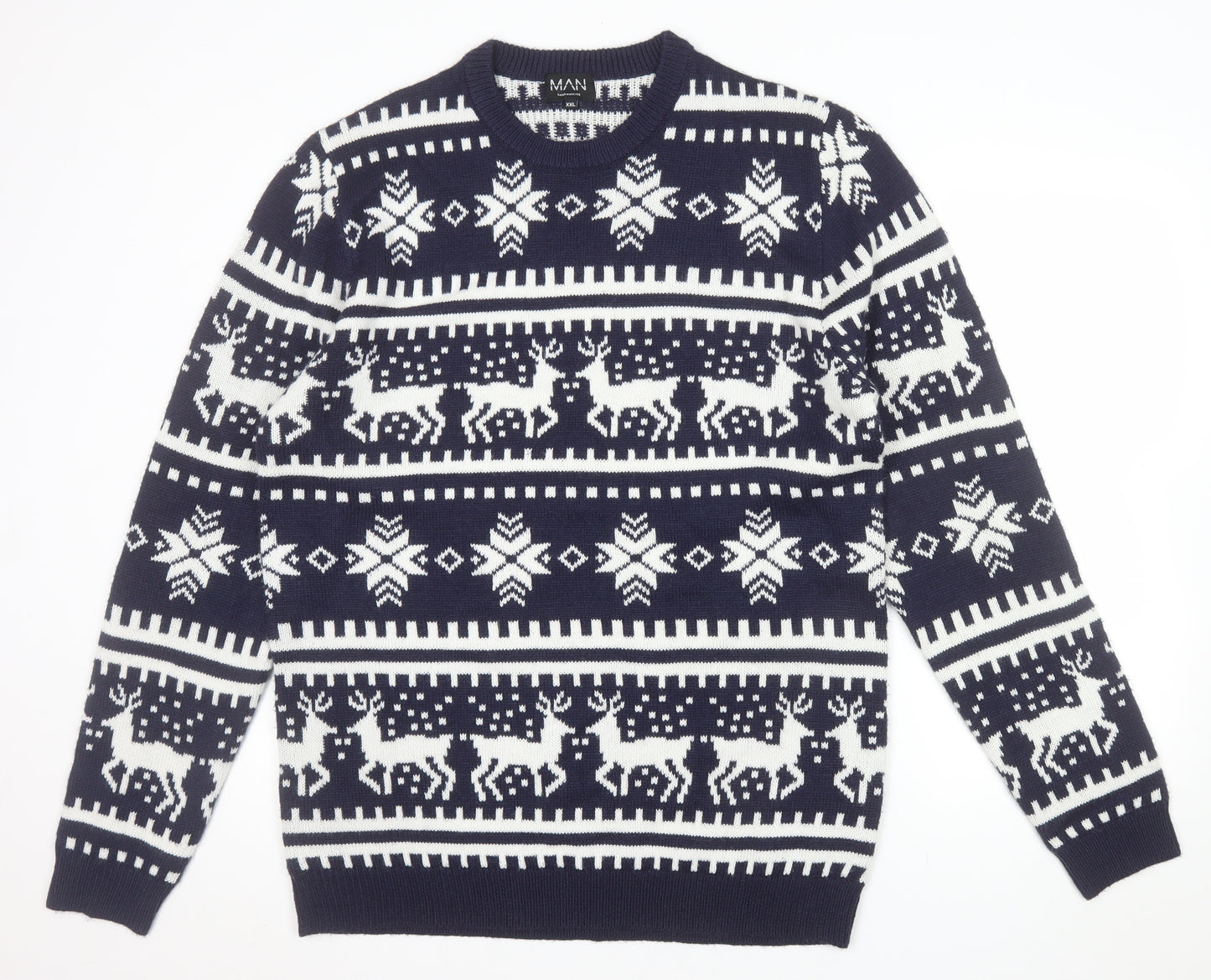 boohooMAN Men's Blue Fair Isle Christmas Jumper 2XL