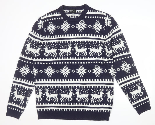 boohooMAN Men's Blue Fair Isle Christmas Jumper 2XL