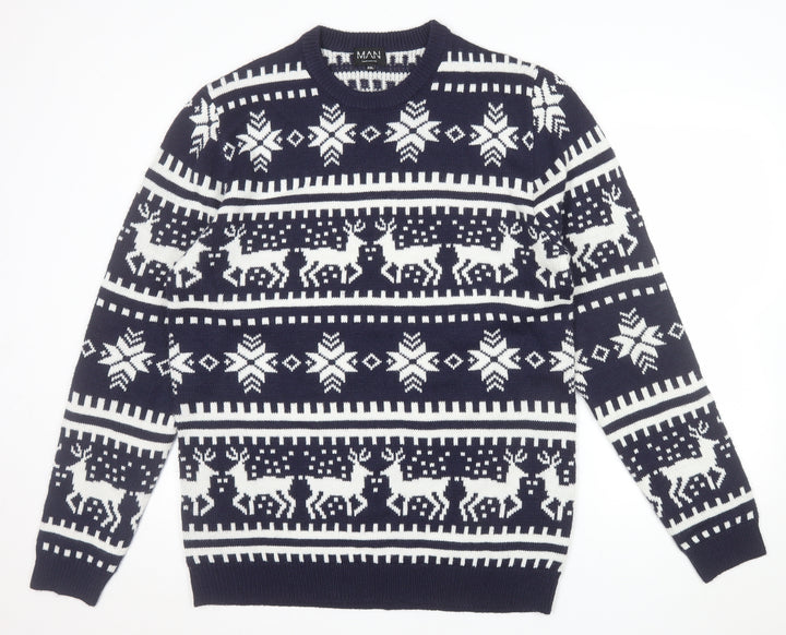 boohooMAN Men's Blue Fair Isle Christmas Jumper 2XL