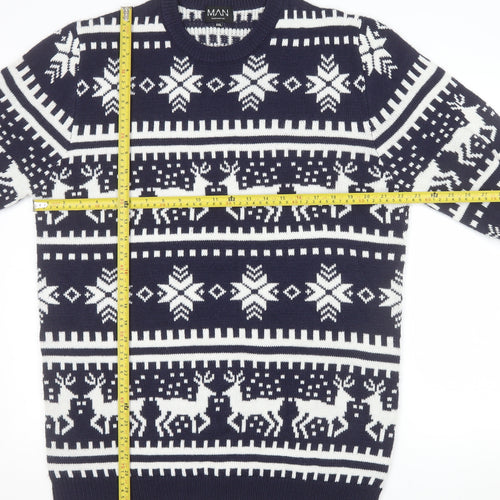 boohooMAN Men's Blue Fair Isle Christmas Jumper 2XL