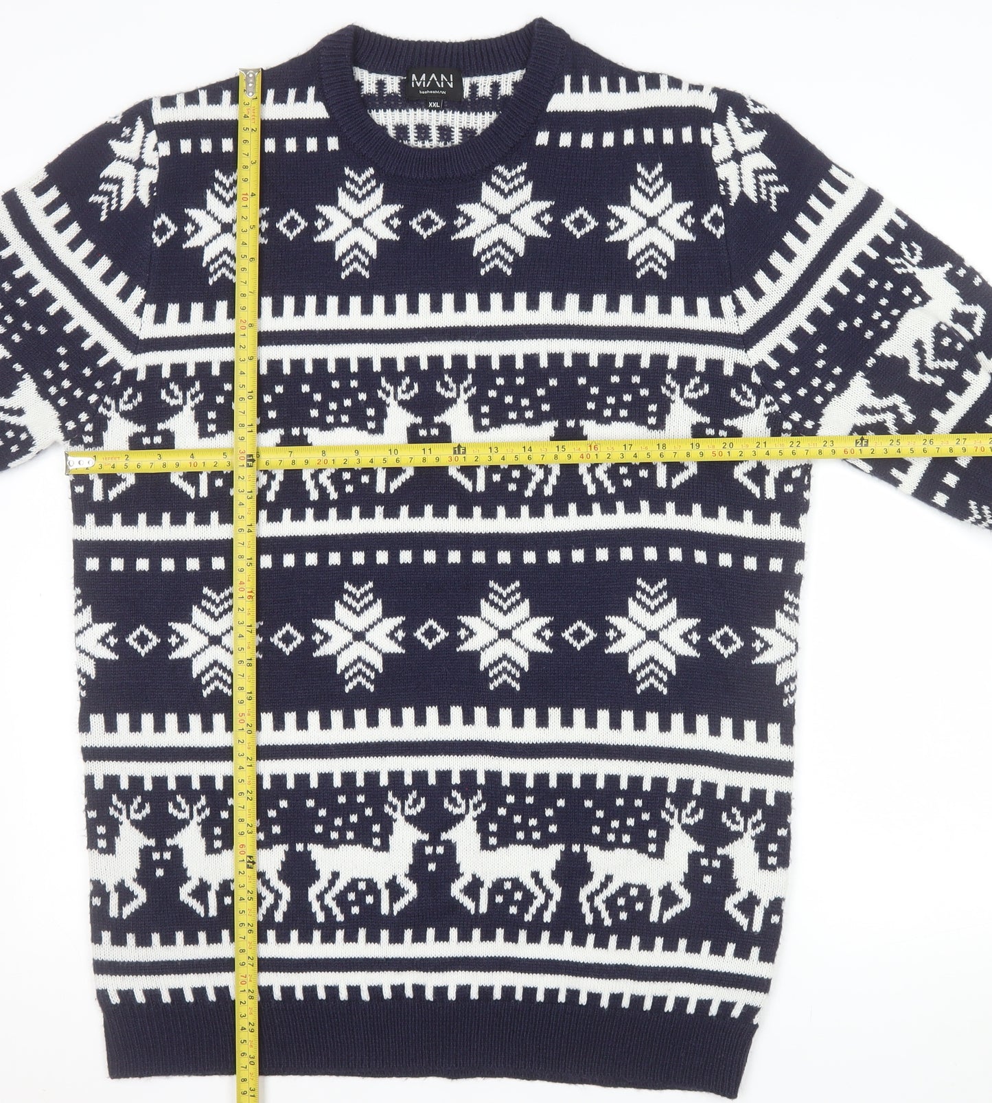 boohooMAN Men's Blue Fair Isle Christmas Jumper 2XL