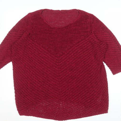 BHS Womens Red V-Neck Chunky Knit 3/4 Sleeve Pullover Jumper Size 18