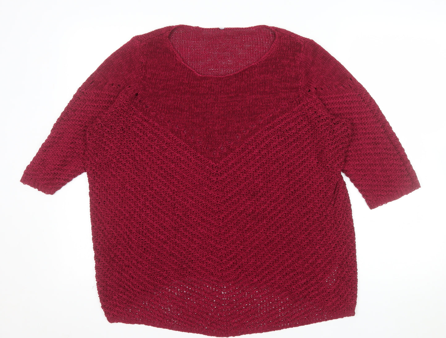BHS Womens Red V-Neck Chunky Knit 3/4 Sleeve Pullover Jumper Size 18