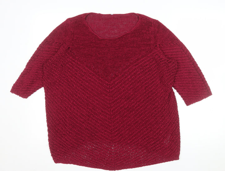 BHS Womens Red V-Neck Chunky Knit 3/4 Sleeve Pullover Jumper Size 18