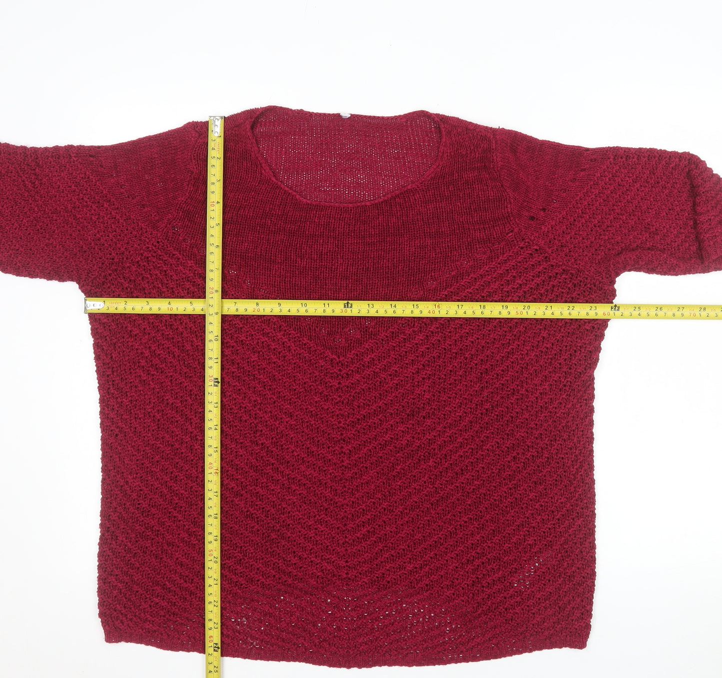 BHS Womens Red V-Neck Chunky Knit 3/4 Sleeve Pullover Jumper Size 18