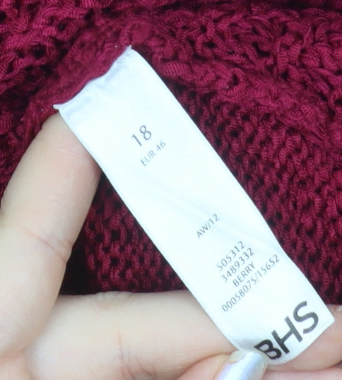 BHS Womens Red V-Neck Chunky Knit 3/4 Sleeve Pullover Jumper Size 18