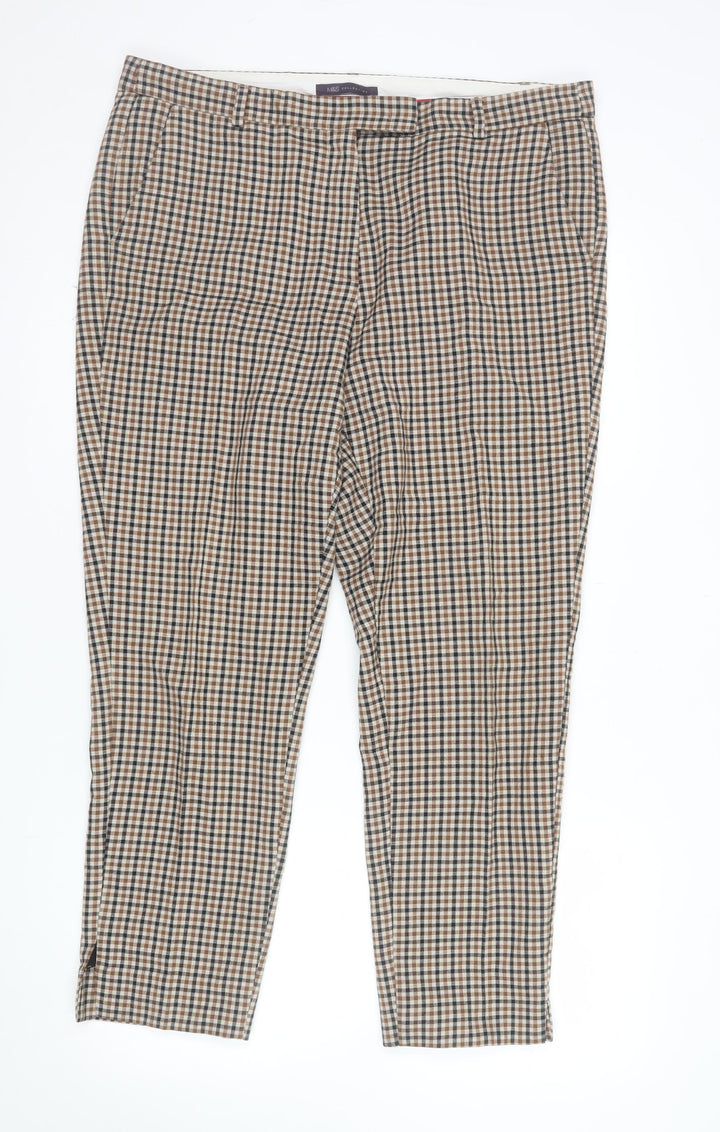 Marks and Spencer Women Brown Check Chino Trousers Size 16 Regular