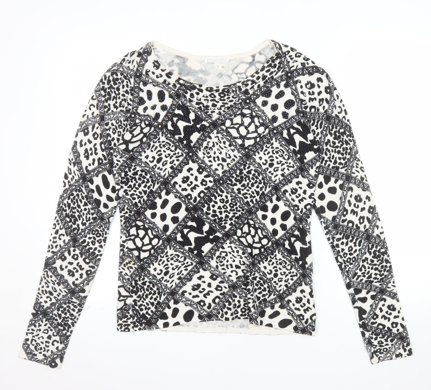 IMAGINI Womens Black Animal Print Long Sleeve Cotton Stretch T-Shirt Size L