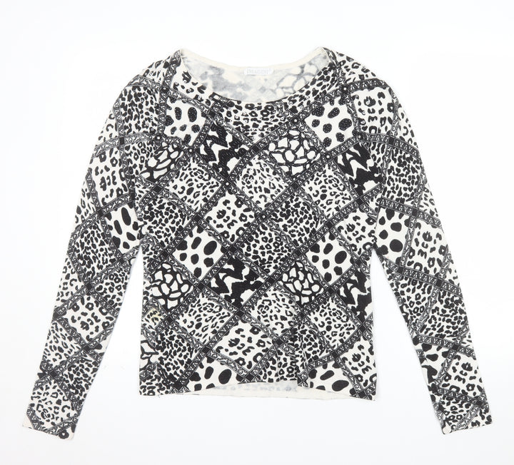 IMAGINI Womens Black Animal Print Long Sleeve Cotton Stretch T-Shirt Size L