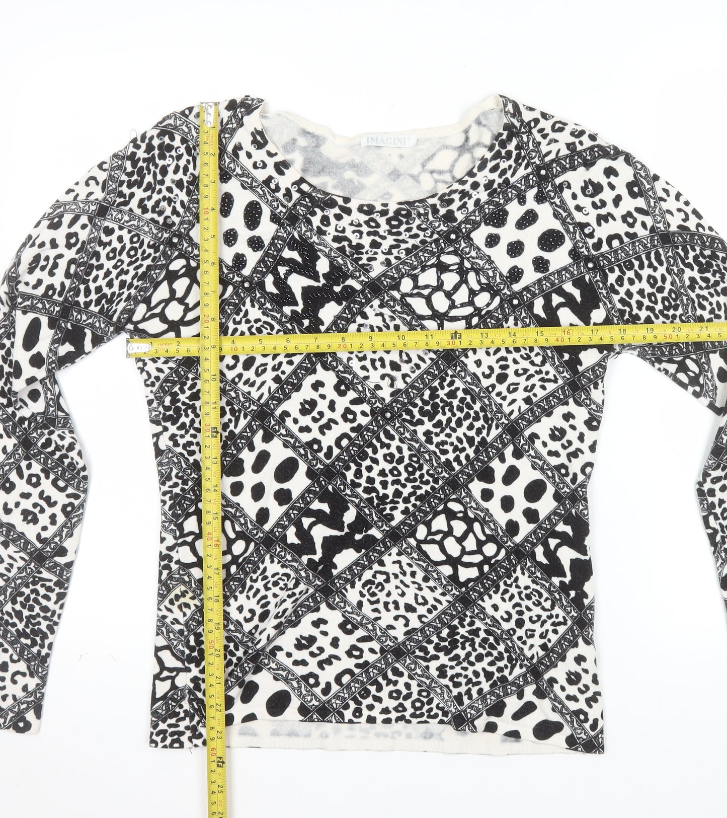 IMAGINI Womens Black Animal Print Long Sleeve Cotton Stretch T-Shirt Size L