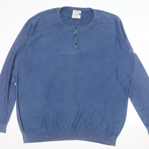 Vintage Men’s Blue 2XL Cotton Henley Jumper Long Sleeve Classic Fit