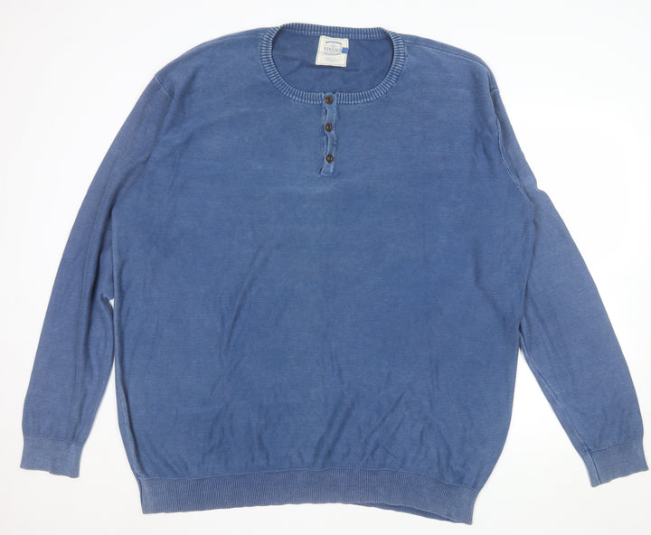 Vintage Men’s Blue 2XL Cotton Henley Jumper Long Sleeve Classic Fit