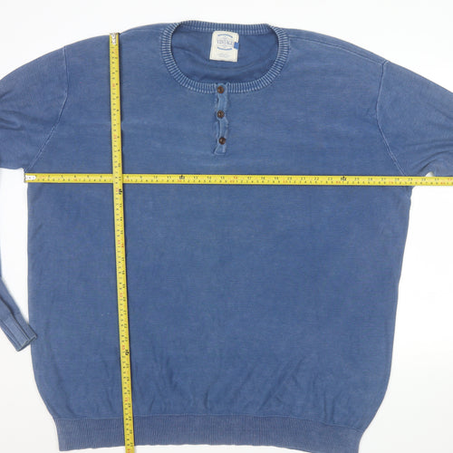 Vintage Men’s Blue 2XL Cotton Henley Jumper Long Sleeve Classic Fit