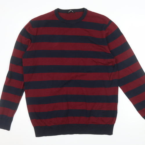 Calliope Man Mens Red Navy Striped Cotton Crew Neck Jumper XXL
