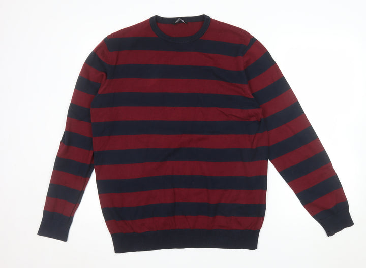 Calliope Man Mens Red Navy Striped Cotton Crew Neck Jumper XXL